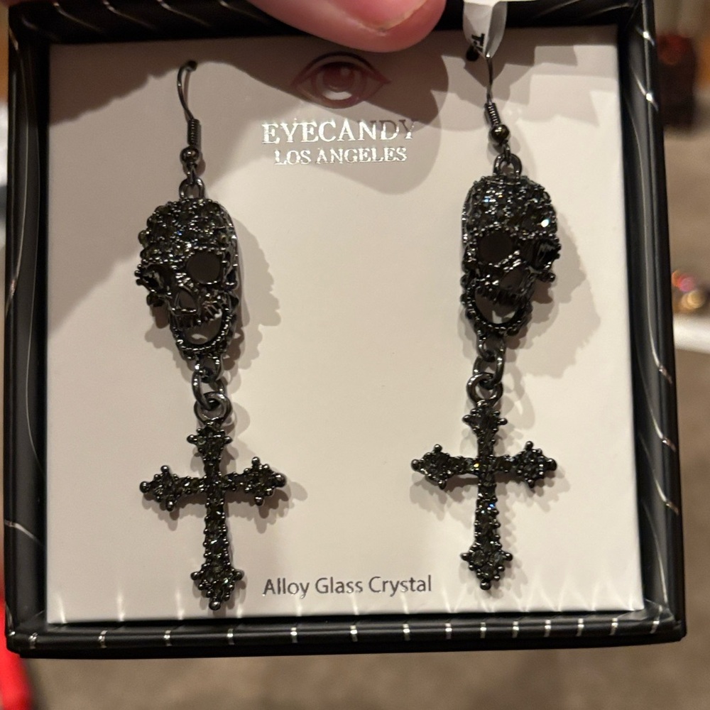 Eye Candy Los Angeles Dark Skull Cross Earrings